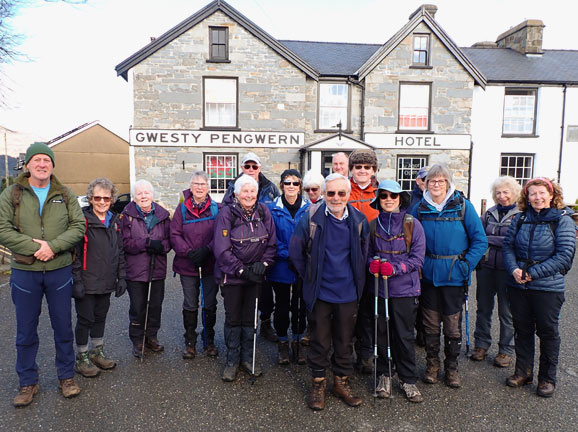 1. Llan Ffestiniog River Valleys and Falls
27/02/25. At the start of the walk in front of the Pengwern Hotel in Llan Ffestiniog.
Keywords: Feb25 Thursday Noel Davey