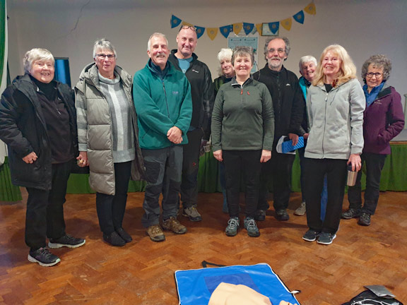 1.Basic First Aid Course - Efailnewydd Chapel Vestry
22/11/23. The nine  of the ten club members with the Medi-Tec instructor (fourth lady from the left on the front row) at the end of the training session.
Keywords: Nov23 Wednesday Hugh Evans