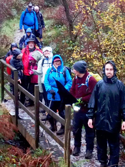 3. Dyffryn Maentwrog
19/11/23.  Crossing Afon Coed Cae Fali. There is a long, high  curved Ffestiniog Railway viaduct out of the picture on right of the path.
Keywords: Nov23 Sunday Hugh Evans