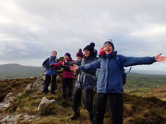 5.Mynytho - Garn Fadryn
31/12/23. Celebrating our second conquest, Garn Bach. A lesser peak but lunch is imminent. 
Keywords: Dec23 Sunday Annie Andrew