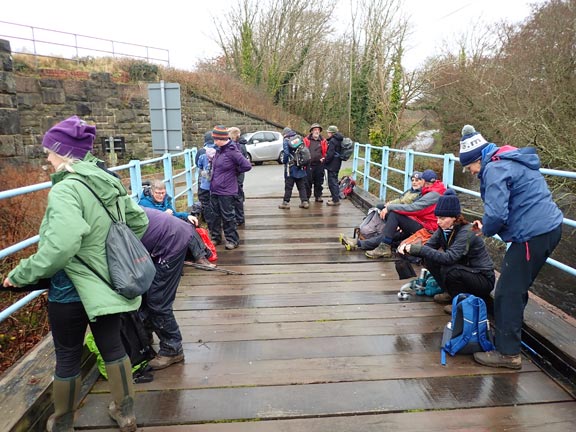 4.Eifionydd Circular
17/12/23.  Mid-morning break on the bridge over Afon Wen close to the railway track.
Keywords: Dec23 Sunday Kath Mair