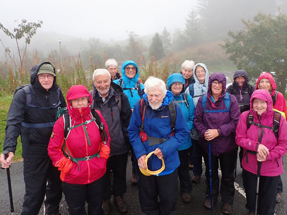 1.Aberystwyth Sunday 8th Sept
8/9/24. The whole group (apart from the five going up Pumlumon), at Nant-y-Arian Forestry Centre in the pouring rain and in very low visibility. The 9+ mile walk ably led by ably led by Dave and Denise from the Aberystwyth Ramblers. Photo: Hugh Evans.
Keywords: Sep24 Sunday Noel Davey