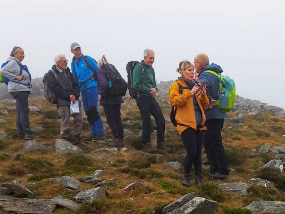 6. Bethesda - Penrhyn Quarry - Mynydd Llandegai
3/11/24. We reach the cairn in the low cloud. There is no point in climbing up to Carnedd y Filiast we won't see anything. Photo: Eryl Thomas.
Keywords: Nov24 Sunday Noel Davey