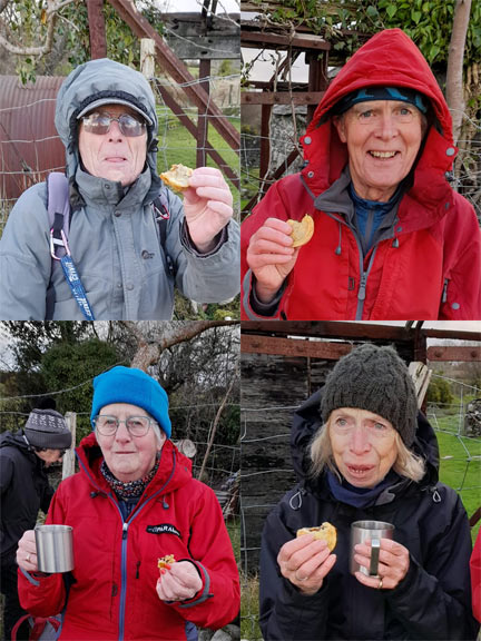 4. Llanystumdwy - Rhoslan - Betws Fawr
19/12/24. Four of the 16 members of the group enjoying Louise's home made mince pies. Photo: Jean Norton.
Keywords: Dec24 Thursday Dafydd Williams