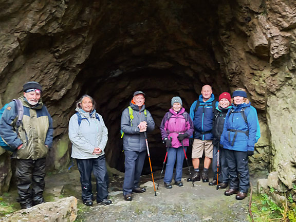 6. Tanygrisiau - Llyn Stwlan
17/11/24. The members of the A walk group standing in front of the  incline tunnel. Photo: Eryl  Thomas.
Keywords: Nov24 Sunday Eryl Thomas