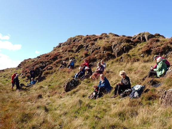 4. Around Yr Arddu
21/9/25.The mid-morning panad on a sun drenched nameless hill looking over a shallow lake with Cnicht beyond it and Yr Arddu behind us.
Keywords: Sep25 Sunday Hugh Evans