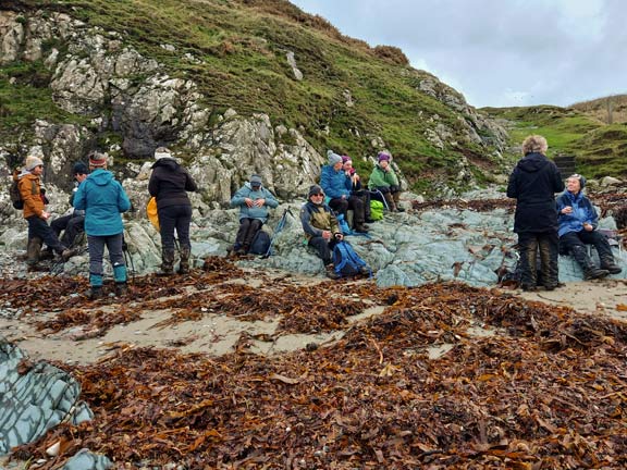 5. Penllech - Porth Ysgaden Circ
4/12/25. Stop for a panad at Porth Ychain. Photo: Eryl Thomas.
Keywords: Dec25 Thursday Jane Logan