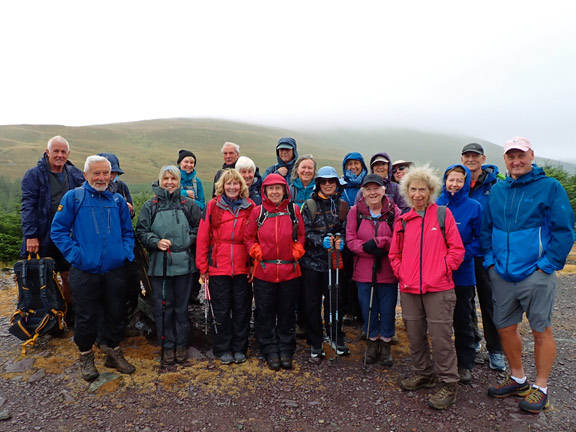 1.  Moel Eilio - Foel Goch
26/7/26. The group photograph at the start of the walk, at the disused quarry car park at Bwlch y Groes. It looks as so we will be climbing up into the mist shortly.
Keywords: July26 Sunday Gareth Hughes