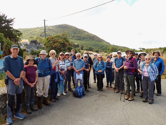 1. Nefyn - Pistyll
30/07/26. The group photo at the entrance to the car park with the dizzy heights of Garn Boduan in the background. That garn is for another day.
Keywords: Jul26 Thursday Gwynfor Jones